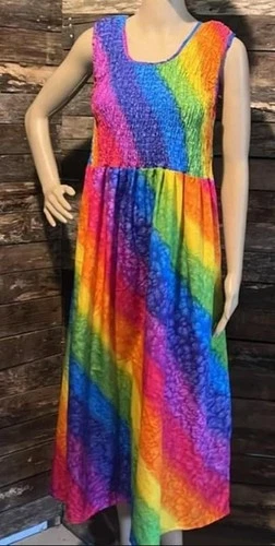 Bright Rainbow Colored One Size Sleeveless Smocked Summer Sun Midi Dress RINA