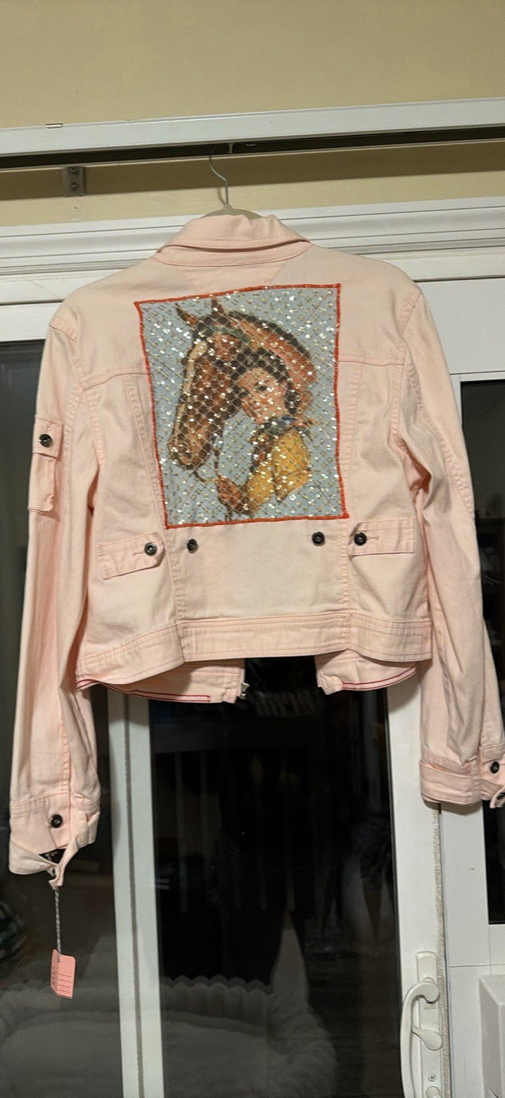 Custom Vintage Baby Pink Denim Jacket with Sequin Horse Graphic on back!