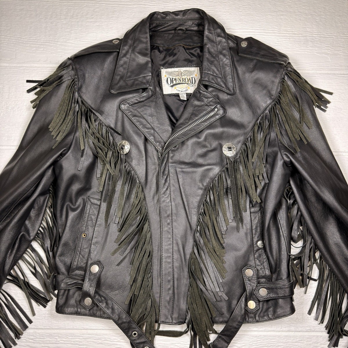 Vintage Open Road Wilsons Fringe Leather Moto Biker Jacket Western  display picture 1