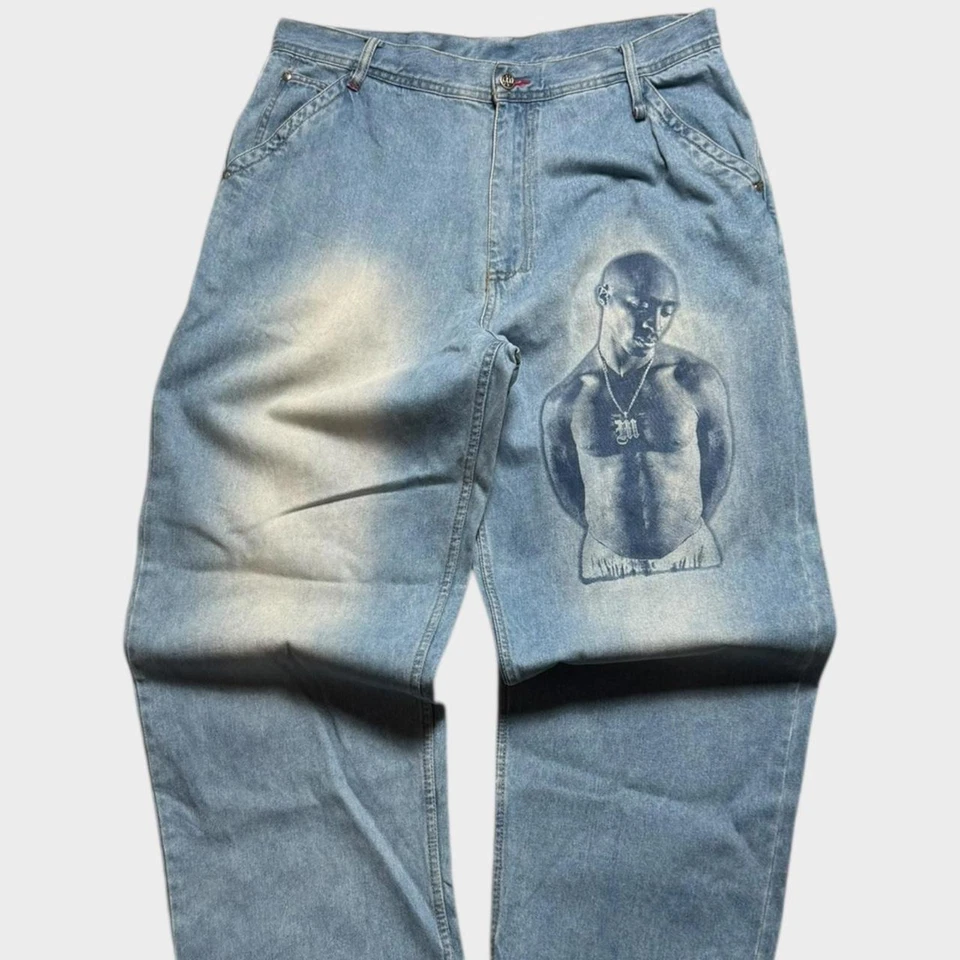 Jeans Makaveli de Colección Tupac Shakur Raro Para Hombre Azul Denim Calce Súper Suelto 38x34 Foto 3 de 4