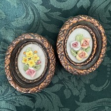 2 VTG Capodimonte Like 3D Porcelain Flowers Gold Framed Wall Plaques MCM Italy