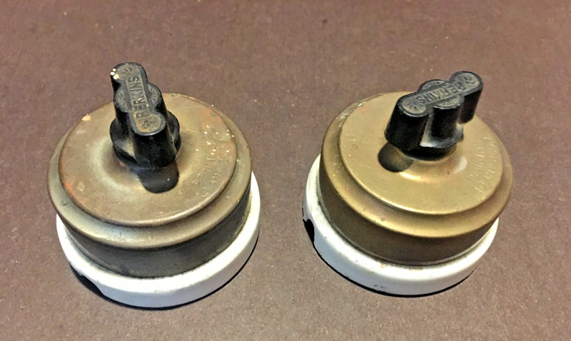 Vintage 2 each Perkins Rotary Light Wall Switch Brass & Porcelain  2 1/4 "  diam