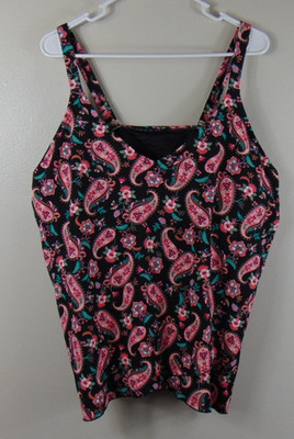 Land's End Tulip Hem Tankini Top Womens 2x Swimsuit Paisley Print UPF 50 Padded