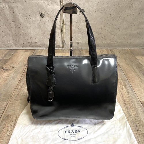PRADA Patent Leather Mini Boston Bag Gray Black Gradient w/ Lock & Dust Bag - Picture 2 of 10