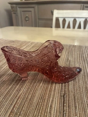 Vintage Fenton Cranberry Pink Glass Daisy & Button Cat Head Shoe Slipper 5.5”
