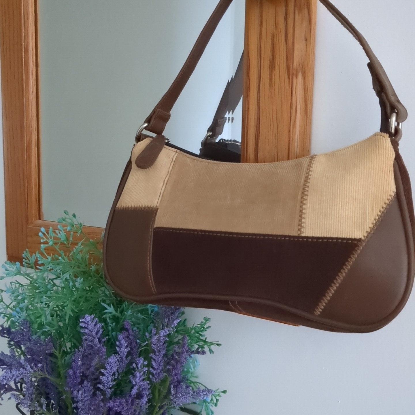 Patchwork Corduroy/Leather Mini Shoulder Bag Retr… - image 1