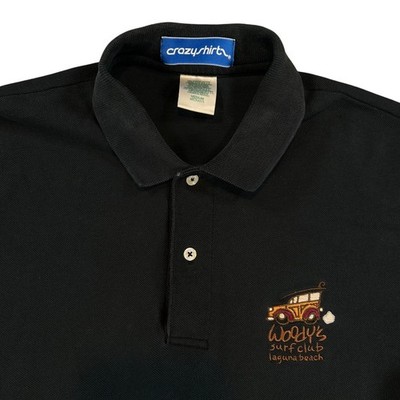Crazy Shirts Mens M Black Polo Shirt Woody's Surf Club Laguna Beach Embroidered