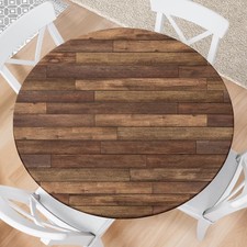 Farmhouse Round Fitted Tablecloth with Elastic Edge Wooden Brown Outdoor Tabl...