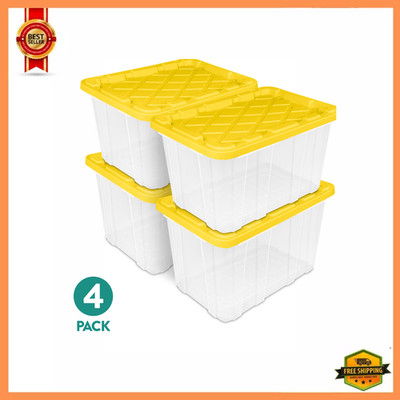 Sterilite 27 Gallon Industrial Storage Tote Bin Black Yellow Lid, 4 Pack