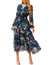 Simplee Women's Floral Boho Long Sleeve Maxi Dress V X-Large, Navy