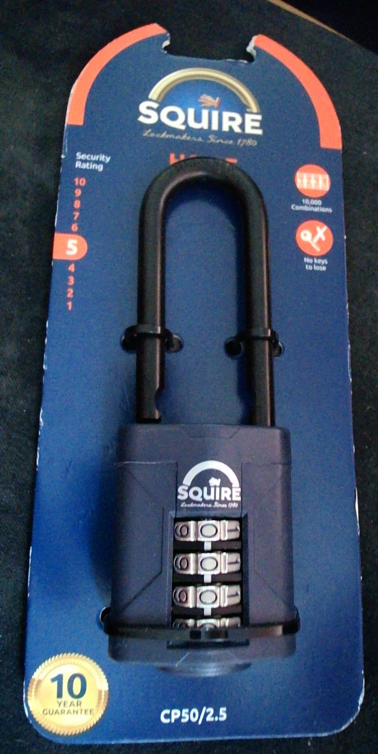 SQUIRE CP50/2.5 COMBINATION PADLOCK. 63mm long / 8mm dia shackle. Recodable.