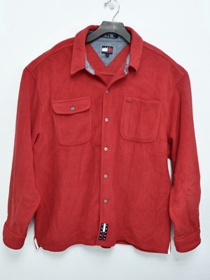 Tommy Jeans Fleece Sweatshirt Button Up Red Mens Long Sleeve Logo Accent Large