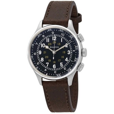Bulova A-15 Pilot Automatic Black Dial Leather Strap Dress 96A245 Men's Watch