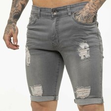 Kruze Mens Denim Shorts Stretch Slim Fit Distressed Ripped Half Jeans Pants