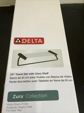Delta 24” Towel Bar W/Glass Shelf Zura 77480-BL Black Finish U3 New