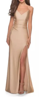 La Femme 28206 Cross Back Satin Jersey Trumpet Gown NWOT size 8 Champagne 