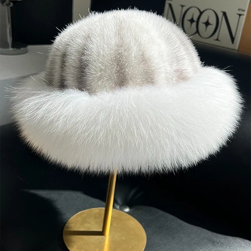 Women's Real Mink Fur Hat Bucket Hat Bowler Hat Warm Cap W Fox Fur Outdoor - Picture 16 of 44