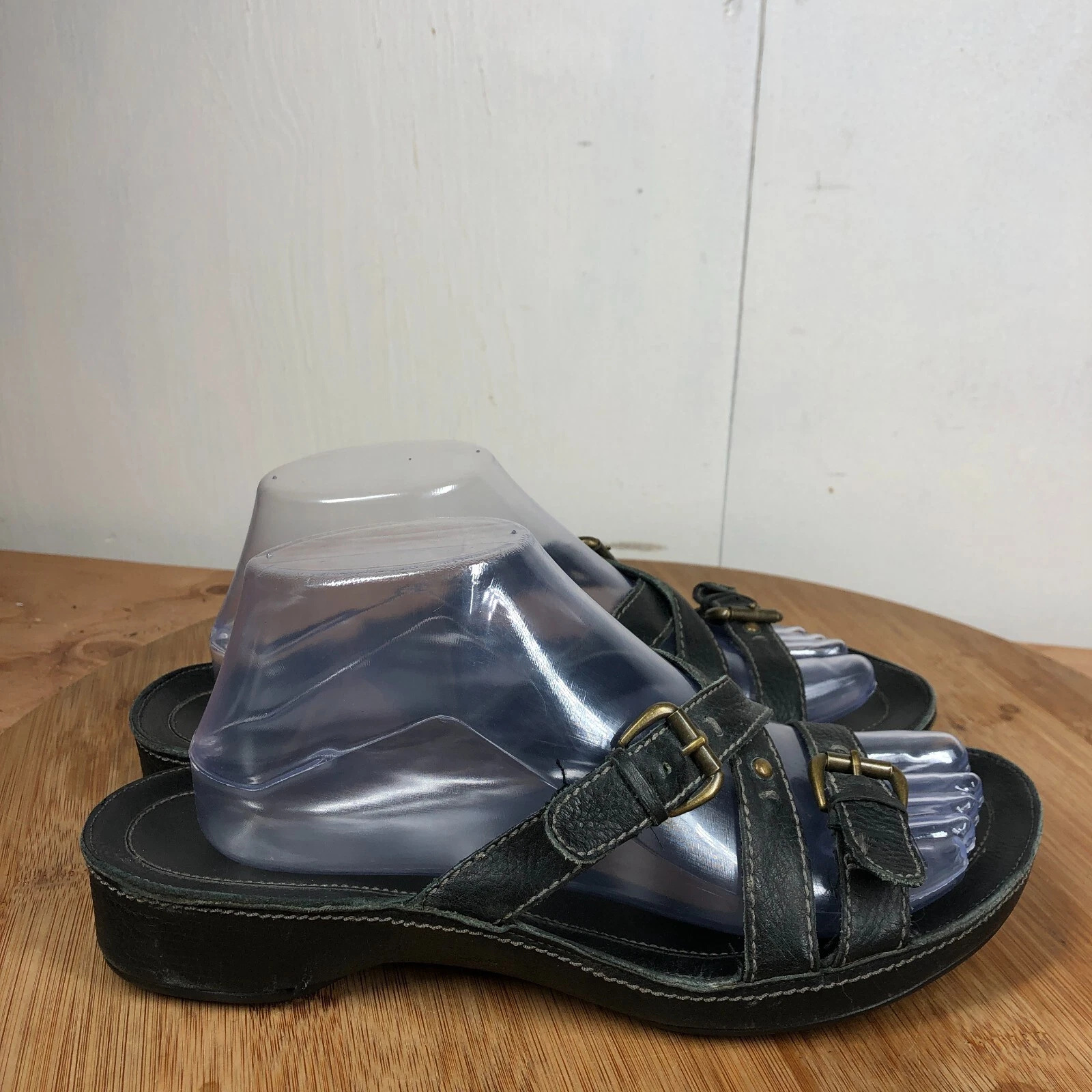 Sandali Ecco 40 donna 9 diapositive in pelle nera zeppa camminata casual punta aperta