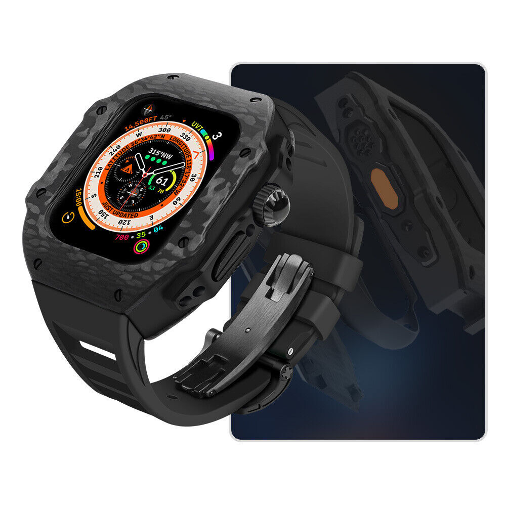 Premium Luxury Mod Kit Carbon Fiber Case For Apple Watch Ultra Fluororubber Band