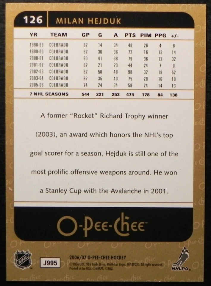 2006-07 06/07 O-Pee-Chee #126 Milan Hejduk Colorado Avalanche - Image 2 of 2