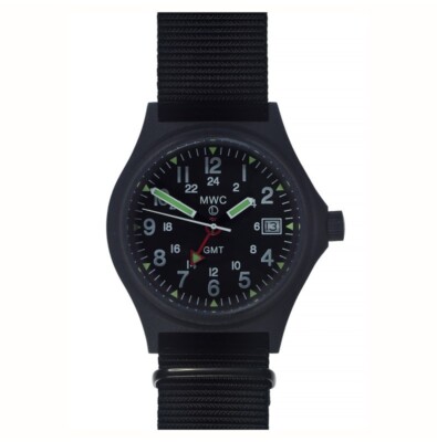 MWC GMT (Dual Time Zone) Quarz Stahl Datum Stoff Schwarz PVD Herrenuhr