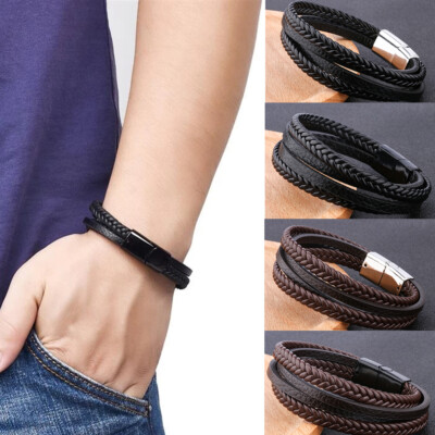 Magnetic Stainless Steel Mens Leather Wrist Braided Bracelet