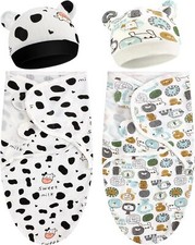 VitalCozy 2 Pack Preemie Baby Swaddle Blanket Wrap with Hat Set Animals, Cow