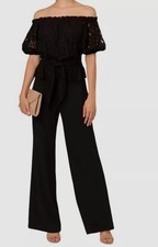 Adrianna Papell Womens Black Mixed-Media Off-the-Shoulder Jumpsuit Size 8