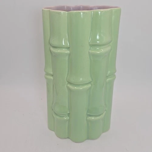 Vintage Red Wing Pottery Bamboo Vase Green Exterior Purple Interior USA Boho