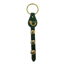 French Horn Charm Green Leather Strap Sleigh Bell Door Hanger Made in USA