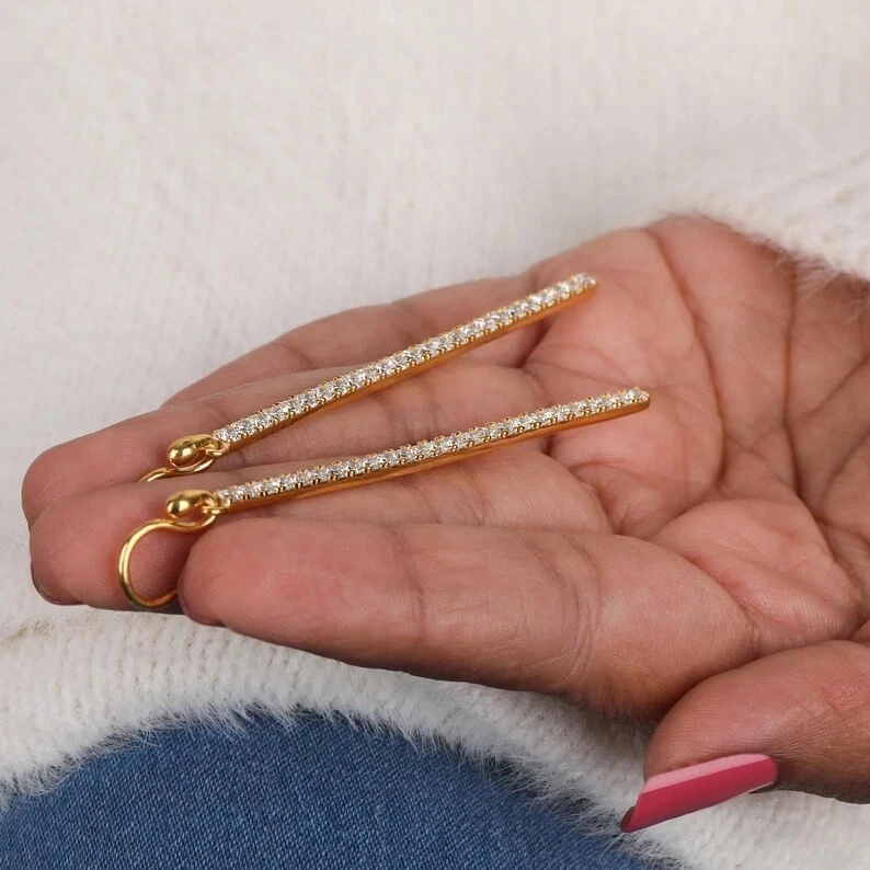 14K Yellow Gold Round 1Ct Lab Grown Diamond Hook Bar Shape Drop Dangle Earrings - Image 4 of 4