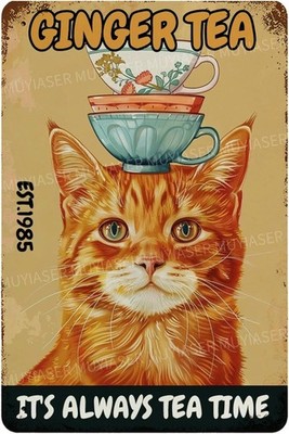 Tin Metal Signs Ginger Tea Cat Vintage  Aluminum for Toilet Wash 8x12