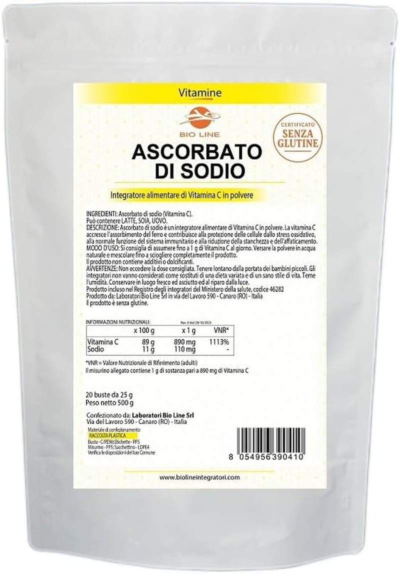 Bio Line Sodio Ascorbato 500g - Recupero e Difese per Sportivi