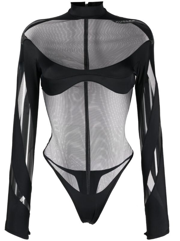 NWT Mugler Black Illusion Inset Mesh Long Swirl Sleeve Bodysuit