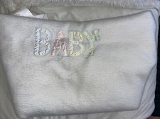 Vintage QUILTEX Fluffy White BABY CRIB BLANKET - 37 x48 Embroidered BABY