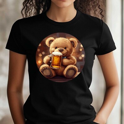 Frauen T-Shirt Teddybär trinkt Bier Motiv Baumwolle Größe S bis 3XL