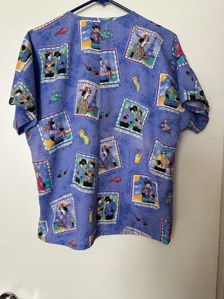 Simply Basic Penguin Tourists Maps Eiffel Tower Fishing Print Scrub Top Small - Image 2 of 4