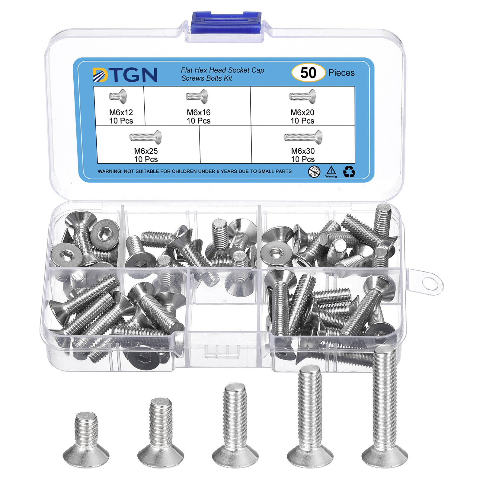 50Pcs M6 x 12mm /16mm /20mm /25mm/ 30mm Flat Hex Head Socket Cap Screws Kit