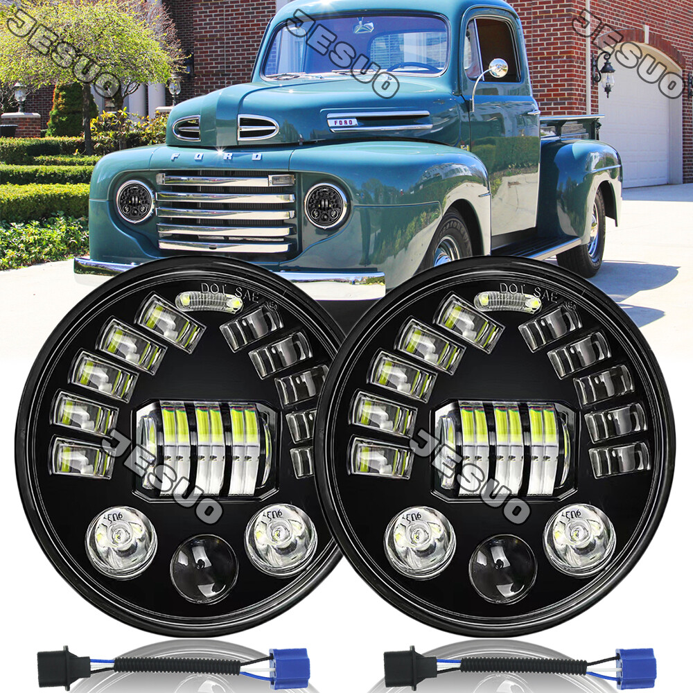 Pair 7" Inch Round LED Headlights Halo DRL Fit Ford F1 1948 1949 1950 1951 1952