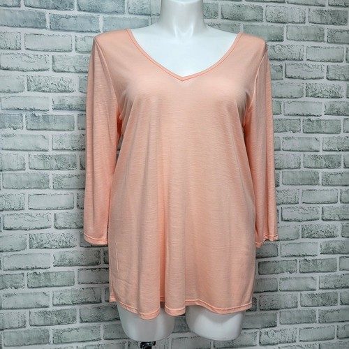 Torrid 1X Peach Slub Knit 3/4 Chiffon Inset Crisscross Back Babydoll Top - Picture 2 of 8