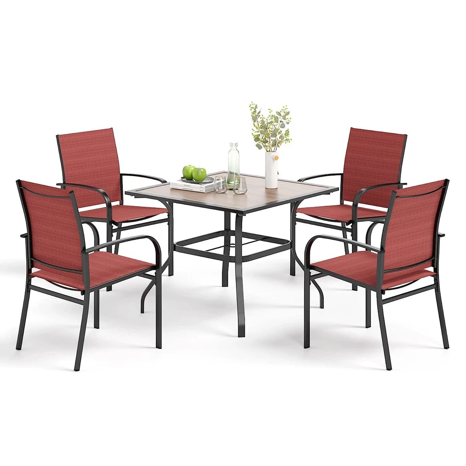 Juego de comedor de patio exterior de 5 piezas mesa tipo madera con orificio para sombrilla 4 sillas Foto 2 de 4