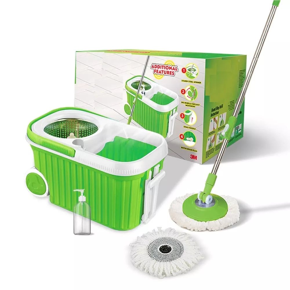 Spin Bucket Mop with Steel Spinner, Wheels, Drag Handle, Drain Plug &  Dispenser