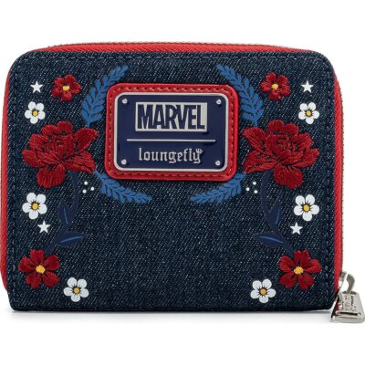 Loungefly Marvel Captain America 80th Anniversary Floral Shield Zip-Around Wallet - Denim, Chenille Applique, Officially Licensed