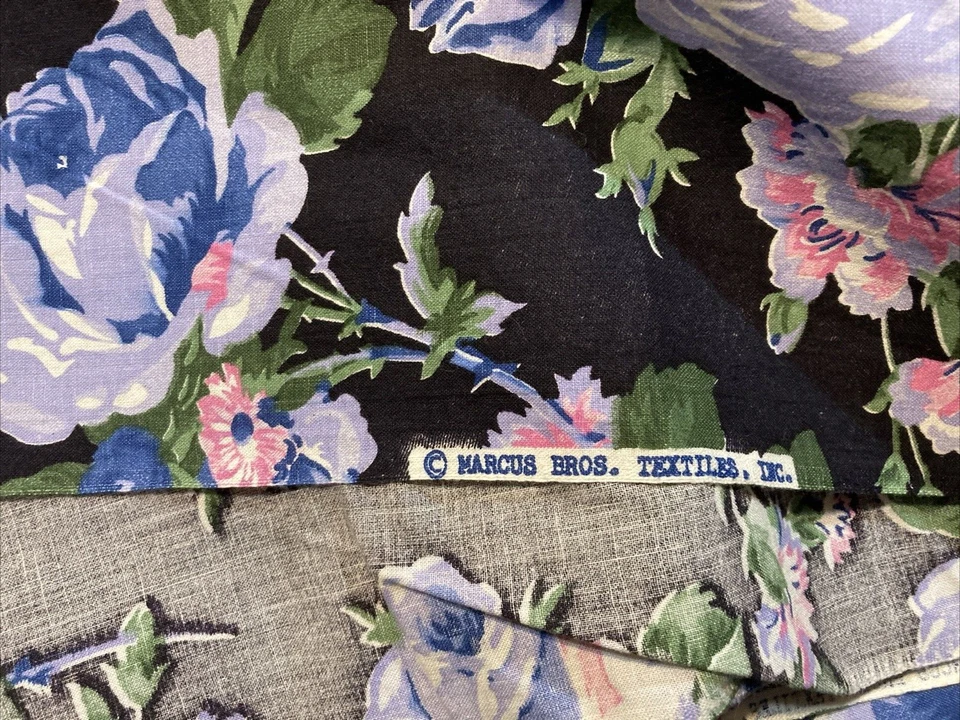 Vintage Marcus Bros Fabric Large Blue Mauve Roses on Black 1.5Y x 44"W - Image 3 of 3
