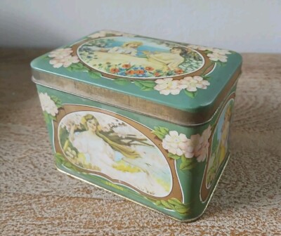 Vintage FOUR SEASONS Victorian Lady TIN BOX Floral Birds Squirrel  Pink Green
