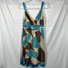 Sue Wong Dress Sz 6 Silk Sleeveless Tan Brown Blue Abstract Midi Vtg Romantic