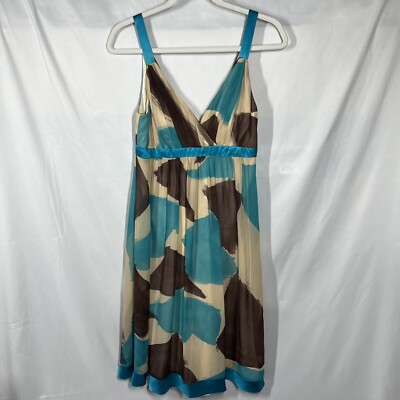 Sue Wong Dress Sz 6 Silk Sleeveless Tan Brown Blue Abstract Midi