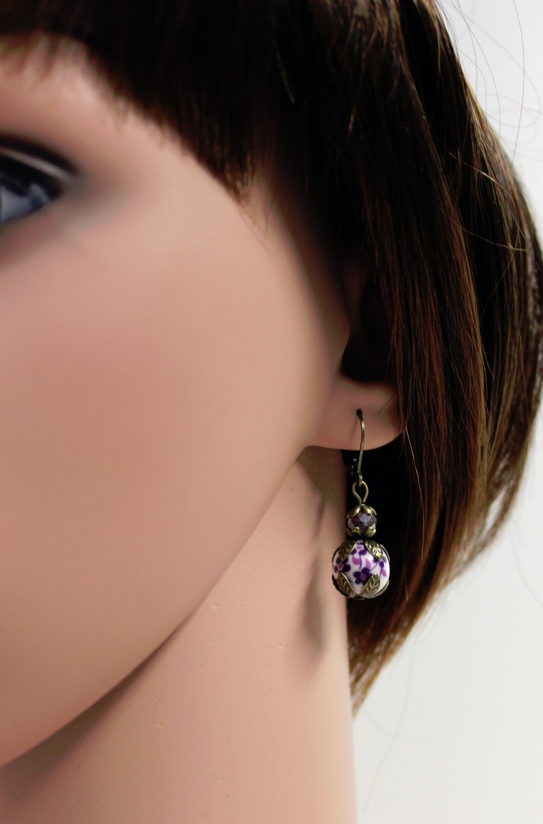 Boucles D'oreilles Vintage Bronze, Verre Jewels, Perles Mauve Violet