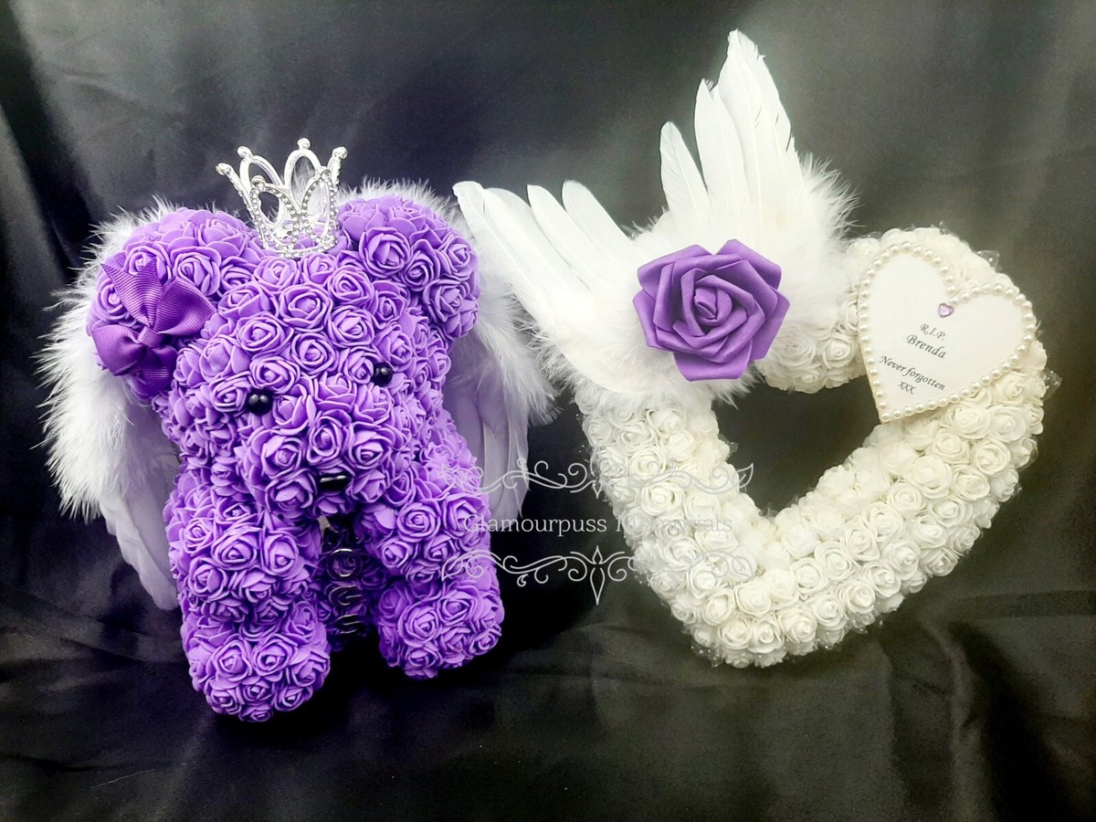 Angel Rose Bear Memorial Wreath Funeral Flowers Tributes Mum Dad Own  Message