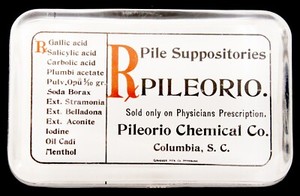 Antique Rectangle Glass Paperweight Medical Suppositories Pileorio Chemical Co.
